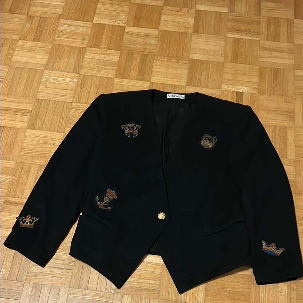 Ambiente Black Embroidered Blazer with Gold Button